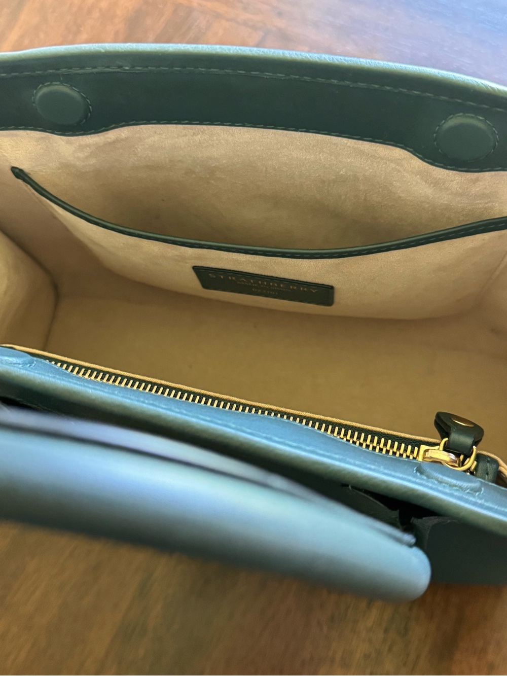 Strathberry Midi medium Tote 👜 Bottle Green Leather Top Handle Shoulder Bag $875 - Picture 14 of 16